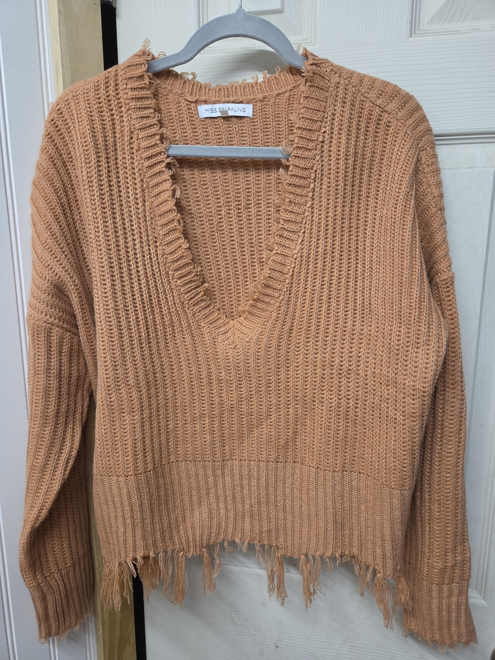 Distressed V-Neck Sweater in Camel Tan #0204
